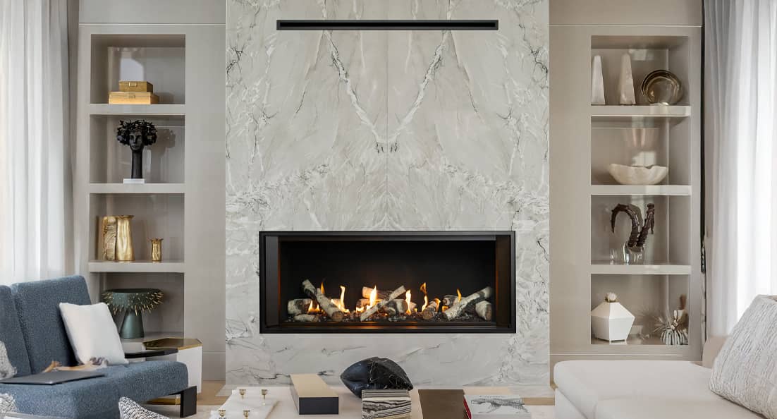 Valor LT2 gas fireplace shown with HeatShift plenum