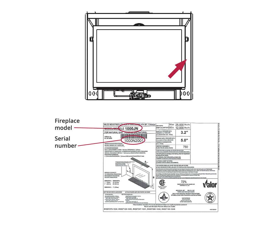 Find your serial number and product information on the fireplace rating plate